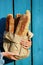 Baguettes. Paper bag with baguette in hands of woman closeup