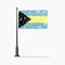 Bahamian flag with scratches, vector flag of Bahamas on flagpole with shadow.