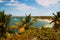 Bahia Honda State Park beach, palm trees and tropical lagoon with docked yacht