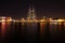 The Bahrain World Trade Center at night, a twin tower complex