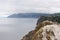 Baikal Lake in summer. View of the  Olkhon Island in rainy and foggy weather.  Lake natural background.