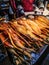 Baikal omul smoked. fish stalls, fish market, omul on the counter of the Russian market .Smoked and dried Baikal omul on the trad