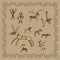 Baikal petroglyphs illustration in doodle style. Vector monochrome sketches with geometric pattern brown beige gentle tones.