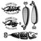 Bait fishes and frog on white in engraving style. Logo for fishing or fishing shop on white