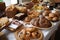 bake sale, with variety of breads and pastries displayed on table