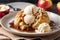 Baked apple dumpling in apple cinnamon syrup on dessert plate topped with scoop of vanilla ice cream