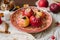 Baked apples with cottage cheese on a beautiful patterned plate serving thanksgiving