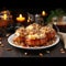 Baked apples filled with nuts on a plate on the rustic wooden table.