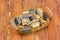 Baked Atlantic mackerel in glass casserole pan on old table