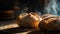 Baked bread on rustic table, natural heat generated by AI