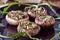 Baked brown mushrooms stuffed with ham, garlic, mushrooms, onion and parsley