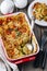 Baked brussel sprout gratin with a bacon and bread crumbs