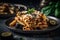 Baked casserole ziti pasta with roasted eggplant and zucchini on minimalist plate traditional Italian cuisine food, generative AI
