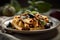 Baked casserole ziti pasta with roasted eggplant and zucchini on minimalist plate traditional Italian cuisine food, generative AI