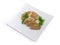 Baked chopped pork liver pate on white square dish