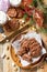 Baked Christmas cookies. Homemade Chocolate Chip Cookies with Nuts on a wooden table.Top view flat lay backgroun