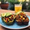 Baked eggplant stuffed with quinoa, corn, avocado, and beans