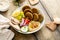 Baked falafel bowl with hummus and vegetables