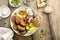 Baked falafel bowl with hummus and vegetables