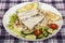 Baked Fish on Fried Rice with Avocado and Salad