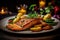 Baked fish and vegetables fried on a dark background. Generative AI technology