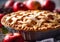 Baked fresh sweet apple pie with red raw apples.Macro.Ai Generative