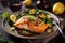 Baked or fried salmon and salad, Paleo, keto, fodmap, dash diet. Mediterranean food with steamed fish