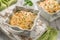 Baked gratin casserole chicken with mushrooms with cheese
