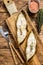 Baked halibut fish steak. wooden background. Top view