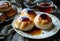 Baked homemade buns with jam and tea. Easter sweets