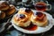 Baked homemade buns with jam and tea. Easter sweets