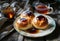 Baked homemade buns with jam and tea. Easter sweets