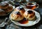 Baked homemade buns with jam and tea.Easter sweets
