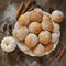 Baked homemade sweet pastry muffin with white decorative pumpkin and cinnamon