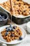 Baked oatmeal with blueberries and honey in on white plate. Oatmeal fruit crumble pie