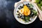 Baked Pear and blue cheese salad served on white plate with blueberries, mIcrogreens and honey topping on dark background with