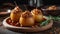 Baked pears with nuts and caramel close-up.