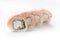 Baked Philadelphia sushi rolls on a white background. Isolated. Restaurant concept. Close-up