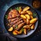 baked pork with potato wedges on black plate
