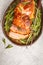 Baked pork with rosemary. White background, top view.