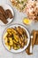 Baked potatoes with dill and flour-fried capelin