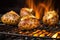 baked potatoes resting on a grid over glowing embers