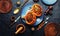 Baked pumpkin with minced meat,flat lay