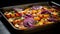 Baked pumpkin with red onion and parsley on a baking sheet Generative AI