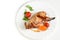 Baked quail with a crust lies on a plate beautifully closeup, meat, dietary meat, decorated top view on a white