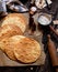 Baked round layers of homemade traditional Russian napoleon cake