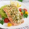 Baked salmon with cheese and almond, with mashed potatoes and green peas