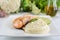 Baked Salmon Fillet and Keto Cauliflower Puree with Cheddar Cheese and Olive Oil