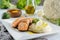 Baked Salmon Fillet and Keto Cauliflower Puree with Cheddar Cheese and Olive Oil