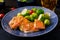 Baked salmon fish garnished with broccoli and Brussels sprouts with leek.